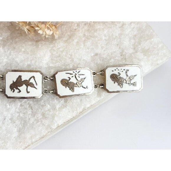 Siam Sterling Silver White Rectangular Paneled Thai 1930's 925 Vintage Bracelet - Picture 3 of 9